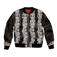 Black and Beige Hawaii Shell Lei Bomber Jacket Hawaiian Sunrise Shell Hebrew Cone Plumeria LT14 Unisex Black - Polynesian Pride