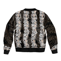 Black and Beige Hawaii Shell Lei Bomber Jacket Hawaiian Sunrise Shell Hebrew Cone Plumeria LT14 - Polynesian Pride