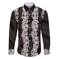 Black and Beige Hawaii Shell Lei Family Matching Long Sleeve Bodycon Dress and Hawaiian Shirt Hawaiian Sunrise Shell Hebrew Cone Plumeria - Polynesian Pride