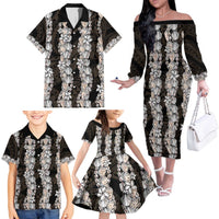 Black and Beige Hawaii Shell Lei Family Matching Off The Shoulder Long Sleeve Dress and Hawaiian Shirt Hawaiian Sunrise Shell Hebrew Cone Plumeria - Polynesian Pride