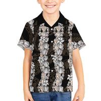Black and Beige Hawaii Shell Lei Family Matching Off Shoulder Short Dress and Hawaiian Shirt Hawaiian Sunrise Shell Hebrew Cone Plumeria LT14 Son's Shirt Black - Polynesian Pride
