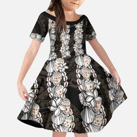 Black and Beige Hawaii Shell Lei Family Matching Puletasi and Hawaiian Shirt Hawaiian Sunrise Shell Hebrew Cone Plumeria LT14 Daughter's Dress Black - Polynesian Pride