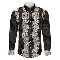 Black and Beige Hawaii Shell Lei Family Matching Tank Maxi Dress and Hawaiian Shirt Hawaiian Sunrise Shell Hebrew Cone Plumeria LT14 Dad's Shirt - Long Sleeve Black - Polynesian Pride