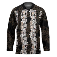 Black and Beige Hawaii Shell Lei Hockey Jersey Hawaiian Sunrise Shell Hebrew Cone Plumeria LT14 Unisex Black - Polynesian Pride