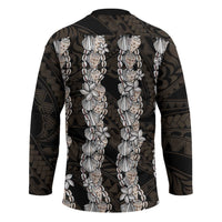 Black and Beige Hawaii Shell Lei Hockey Jersey Hawaiian Sunrise Shell Hebrew Cone Plumeria - Polynesian Pride