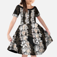 Black and Beige Hawaii Shell Lei Kid Short Sleeve Dress Hawaiian Sunrise Shell Hebrew Cone Plumeria LT14 KID Black - Polynesian Pride
