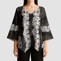 Black and Beige Hawaii Shell Lei Kimono Sleeve Blouse Hawaiian Sunrise Shell Hebrew Cone Plumeria - Polynesian Pride