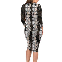 Black and Beige Hawaii Shell Lei Long Sleeve Bodycon Dress Hawaiian Sunrise Shell Hebrew Cone Plumeria - Polynesian Pride