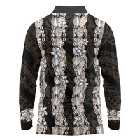 Black and Beige Hawaii Shell Lei Long Sleeve Polo Shirt Hawaiian Sunrise Shell Hebrew Cone Plumeria - Polynesian Pride