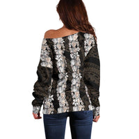 Black and Beige Hawaii Shell Lei Off Shoulder Sweater Hawaiian Sunrise Shell Hebrew Cone Plumeria - Polynesian Pride