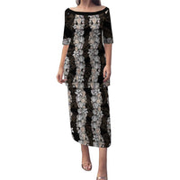 Black and Beige Hawaii Shell Lei Puletasi Hawaiian Sunrise Shell Hebrew Cone Plumeria LT14 Long Dress Black - Polynesian Pride
