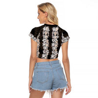 Black and Beige Hawaii Shell Lei Raglan Cropped T Shirt Hawaiian Sunrise Shell Hebrew Cone Plumeria LT14 - Polynesian Pride