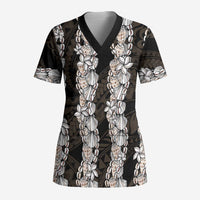 Black and Beige Hawaii Shell Lei Scrub Top Hawaiian Sunrise Shell Hebrew Cone Plumeria LT14 Adult Black - Polynesian Pride