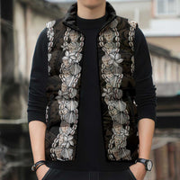 Black and Beige Hawaii Shell Lei Sleeveless Puffer Jacket Hawaiian Sunrise Shell Hebrew Cone Plumeria - Polynesian Pride