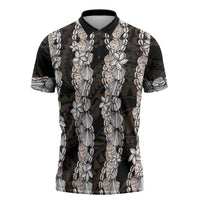 Black and Beige Hawaii Shell Lei Zipper Polo Shirt Hawaiian Sunrise Shell Hebrew Cone Plumeria LT14 Black - Polynesian Pride