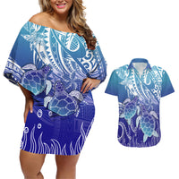 Polynesia Sea Turtle Couples Matching Off Shoulder Short Dress and Hawaiian Shirt Happy Valentine Day Polynesian - Dark Cyan LT14 Dark Cyan - Polynesian Pride