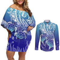 Polynesia Sea Turtle Couples Matching Off Shoulder Short Dress and Long Sleeve Button Shirt Happy Valentine Day Polynesian - Dark Cyan LT14 Dark Cyan - Polynesian Pride