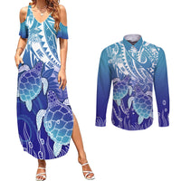 Polynesia Sea Turtle Couples Matching Summer Maxi Dress and Long Sleeve Button Shirt Happy Valentine Day Polynesian - Dark Cyan LT14 Dark Cyan - Polynesian Pride