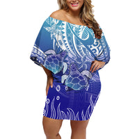 Polynesia Sea Turtle Family Matching Off Shoulder Short Dress and Hawaiian Shirt Happy Valentine Day Polynesian - Dark Cyan LT14 Mom's Dress Dark Cyan - Polynesian Pride
