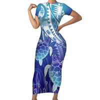Polynesia Sea Turtle Family Matching Short Sleeve Bodycon Dress and Hawaiian Shirt Happy Valentine Day Polynesian - Dark Cyan LT14 Mom's Dress Dark Cyan - Polynesian Pride