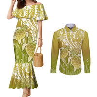 Polynesia Sea Turtle Couples Matching Mermaid Dress and Long Sleeve Button Shirt Happy Valentine Day Polynesian - Gold LT14 Gold - Polynesian Pride