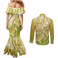 Polynesia Sea Turtle Couples Matching Mermaid Dress and Long Sleeve Button Shirt Happy Valentine Day Polynesian - Gold LT14 - Polynesian Pride