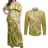 Polynesia Sea Turtle Couples Matching Off Shoulder Maxi Dress and Long Sleeve Button Shirt Happy Valentine Day Polynesian - Gold LT14 Gold - Polynesian Pride
