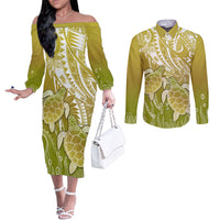 Polynesia Sea Turtle Couples Matching Off The Shoulder Long Sleeve Dress and Long Sleeve Button Shirt Happy Valentine Day Polynesian - Gold LT14 Gold - Polynesian Pride