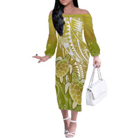 Polynesia Sea Turtle Family Matching Off Shoulder Long Sleeve Dress and Hawaiian Shirt Happy Valentine Day Polynesian - Gold LT14 Mom's Dress Gold - Polynesian Pride