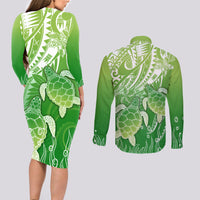 Polynesia Sea Turtle Couples Matching Long Sleeve Bodycon Dress and Long Sleeve Button Shirt Happy Valentine Day Polynesian - Green LT14 - Polynesian Pride
