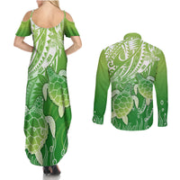 Polynesia Sea Turtle Couples Matching Summer Maxi Dress and Long Sleeve Button Shirt Happy Valentine Day Polynesian - Green LT14 - Polynesian Pride