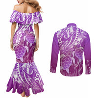 Polynesia Valentine Day Couples Matching Mermaid Dress and Long Sleeve Button Shirt Polynesian Sea Turtle Purple Version LT14 - Polynesian Pride