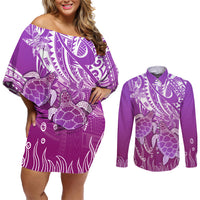 Polynesia Valentine Day Couples Matching Off Shoulder Short Dress and Long Sleeve Button Shirt Polynesian Sea Turtle Purple Version LT14 Purple - Polynesian Pride