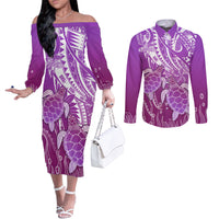Polynesia Valentine Day Couples Matching Off The Shoulder Long Sleeve Dress and Long Sleeve Button Shirt Polynesian Sea Turtle Purple Version LT14 Purple - Polynesian Pride