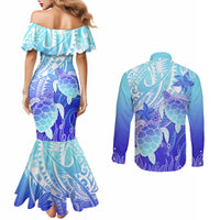 Polynesia Valentine Day Couples Matching Mermaid Dress and Long Sleeve Button Shirt Polynesian Sea Turtle Turquoise Version LT14 - Polynesian Pride