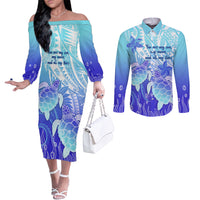 Polynesia Valentine Day Couples Matching Off The Shoulder Long Sleeve Dress and Long Sleeve Button Shirt Polynesian Sea Turtle Turquoise Version LT14 Turquoise - Polynesian Pride