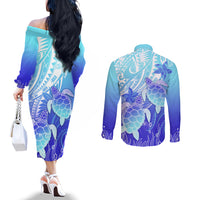 Polynesia Valentine Day Couples Matching Off The Shoulder Long Sleeve Dress and Long Sleeve Button Shirt Polynesian Sea Turtle Turquoise Version LT14 - Polynesian Pride
