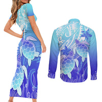 Polynesia Valentine Day Couples Matching Short Sleeve Bodycon Dress and Long Sleeve Button Shirt Polynesian Sea Turtle Turquoise Version LT14 - Polynesian Pride