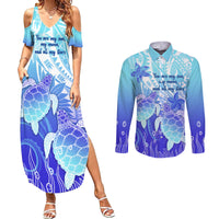 Polynesia Valentine Day Couples Matching Summer Maxi Dress and Long Sleeve Button Shirt Polynesian Sea Turtle Turquoise Version LT14 Turquoise - Polynesian Pride