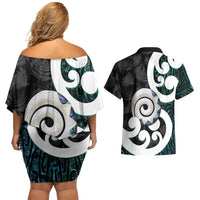 Aotearoa Koru Couples Matching Off Shoulder Short Dress and Hawaiian Shirt Cyan Maori Paua Shell Mix Silver Fern LT14 - Polynesian Pride