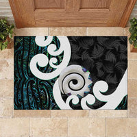 Aotearoa Koru Rubber Doormat Cyan Maori Paua Shell Mix Silver Fern LT14 Black - Polynesian Pride
