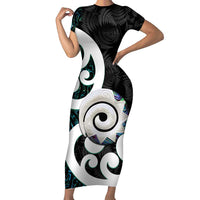 Aotearoa Koru Short Sleeve Bodycon Dress Cyan Maori Paua Shell Mix Silver Fern LT14 Long Dress Black - Polynesian Pride