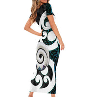 Aotearoa Koru Short Sleeve Bodycon Dress Cyan Maori Paua Shell Mix Silver Fern LT14 - Polynesian Pride
