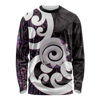 Aotearoa Koru Long Sleeve Shirt Purple Maori Paua Shell Mix Silver Fern LT14 Unisex Black - Polynesian Pride