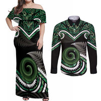 Koru Pounamu Aotearoa Couples Matching Off Shoulder Maxi Dress and Long Sleeve Button Shirt Maori Paua Shell Mix Silver Fern