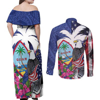 United States Guam Couples Matching Off Shoulder Maxi Dress and Long Sleeve Button Shirt USA Eagle Guahan Seal Bougainvillea - Polynesian Pride