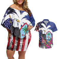 United States Guam Couples Matching Off Shoulder Short Dress and Hawaiian Shirt USA Eagle Guahan Seal Bougainvillea - Polynesian Pride