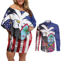 United States Guam Couples Matching Off Shoulder Short Dress and Long Sleeve Button Shirt USA Eagle Guahan Seal Bougainvillea - Polynesian Pride
