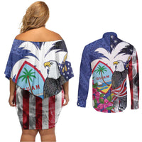 United States Guam Couples Matching Off Shoulder Short Dress and Long Sleeve Button Shirt USA Eagle Guahan Seal Bougainvillea - Polynesian Pride