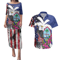 United States Guam Couples Matching Puletasi and Hawaiian Shirt USA Eagle Guahan Seal Bougainvillea - Polynesian Pride